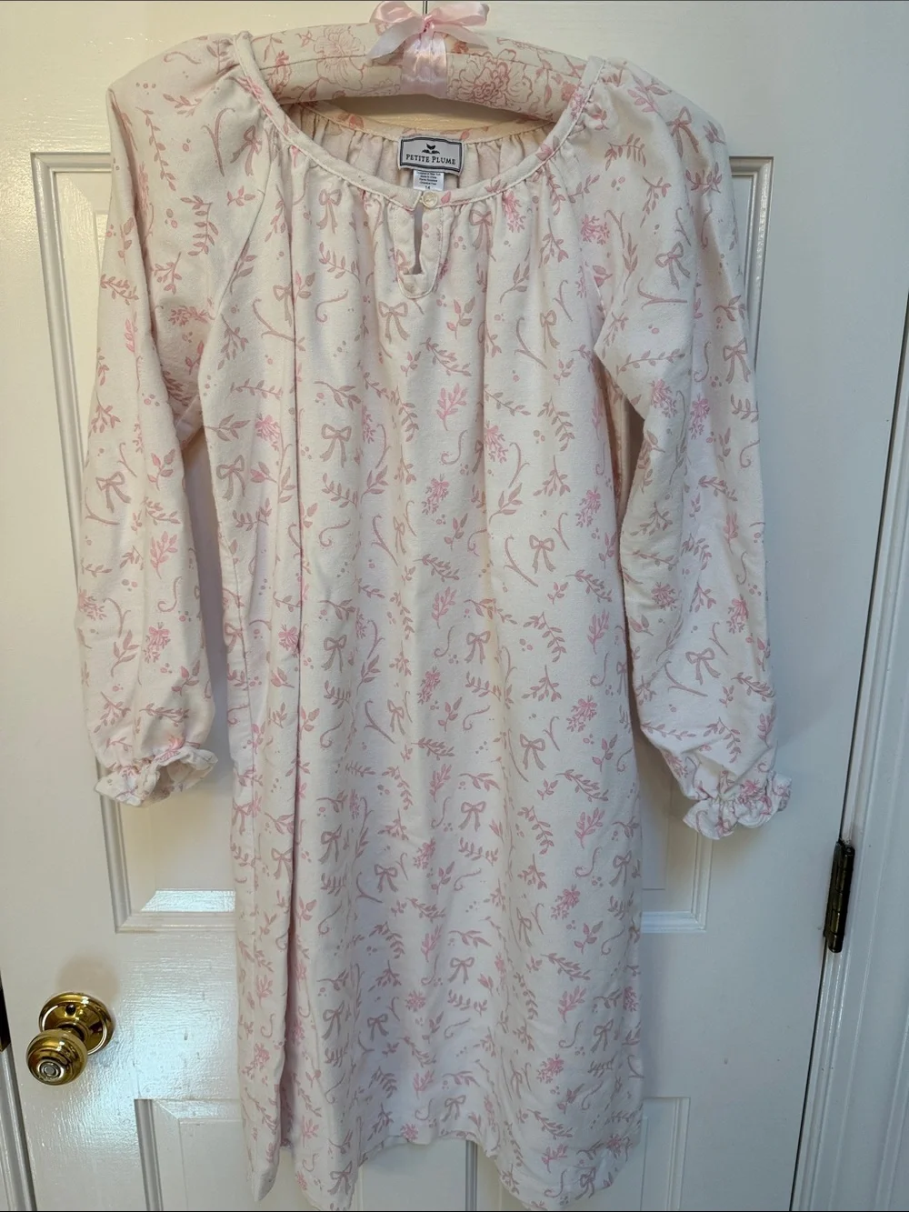Girls' Cream Nightgown with Pink Floral & Bow Print - Kids Sleepwear
